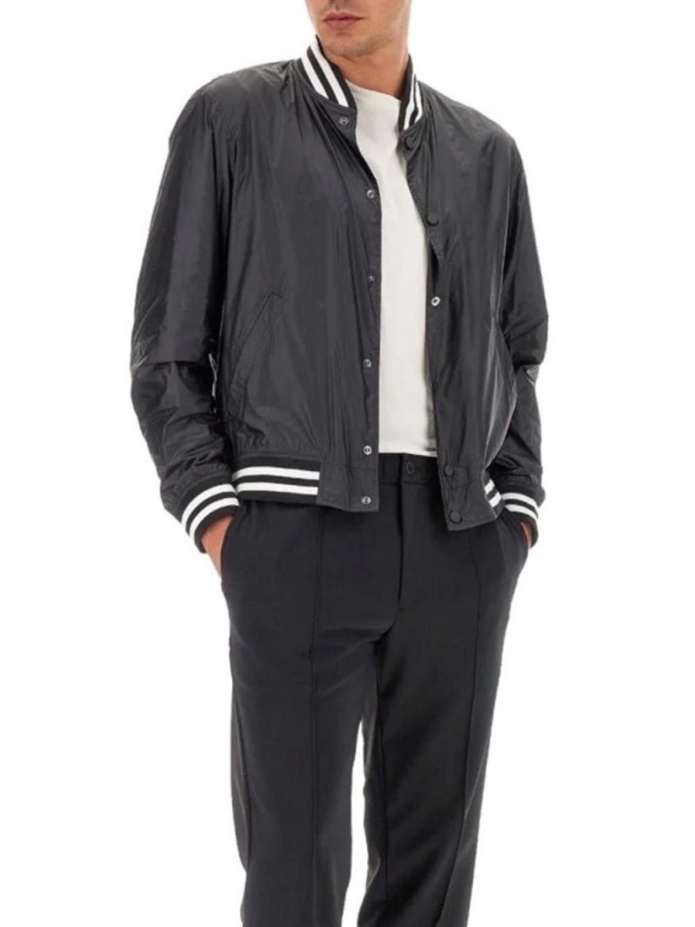 Theory Men's Black Striped Collar Bomber Jacket